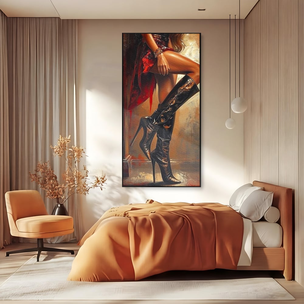 Tablou canvas cu pictura cu picioare feminine in cizme, in rama de aluminiu negru, pe perete intr-un dormitor